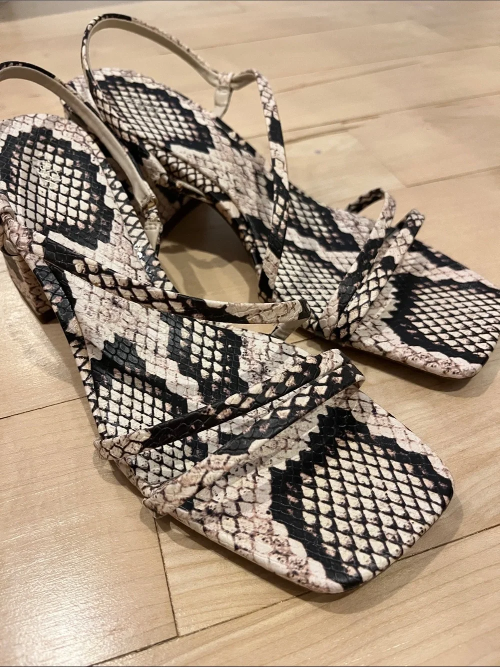 Zara Black & Cream Snake-Print Strappy Sandals